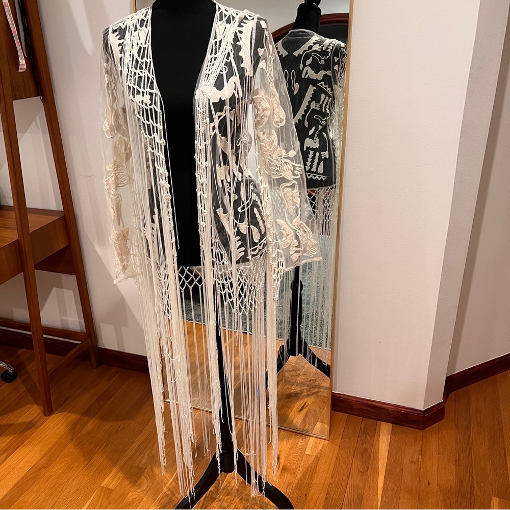 White Free People Sleeved Shaw with Fringe